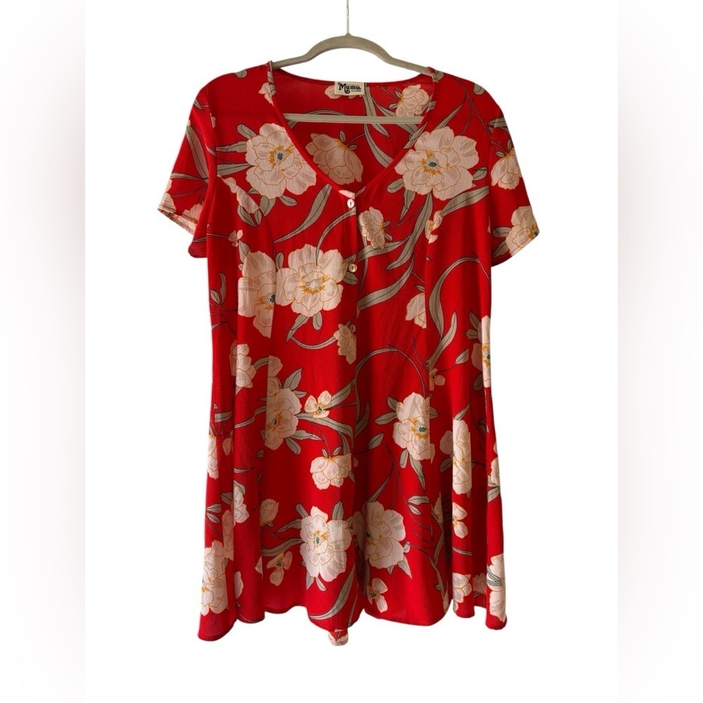Show Me Your Mumu XL Red Floral Button Front Dress V Neck Flowy Boho Midi